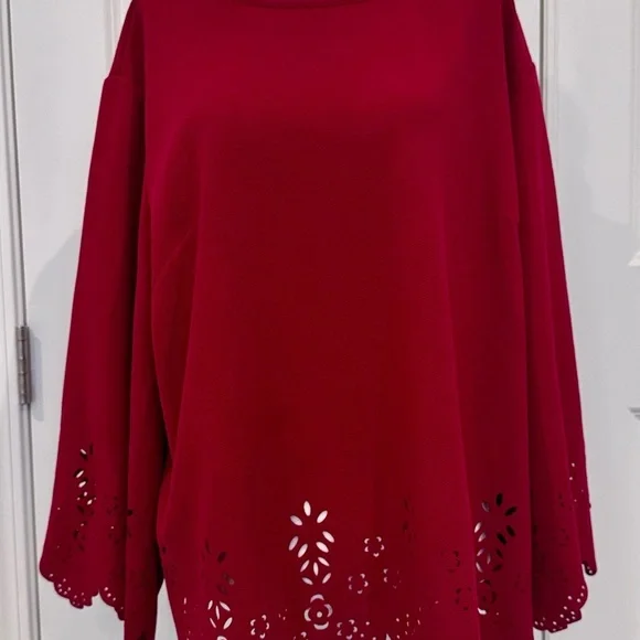 Red Laser Cut Scallop Hem Bell Sleeve Top 3XL Holiday Party Casual Festive Chic - Picture 2 of 11
